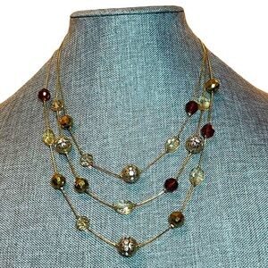 Vintage Faceted Glass & Pave Rhinestone Gold Ball Tiered Illusion Chain Necklace